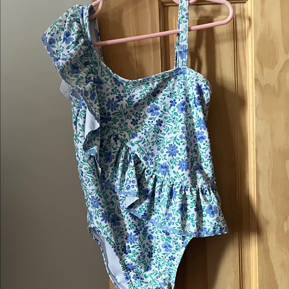 Girls One-Shoulder Floral Ruffle Swimsuit in Blue & Green